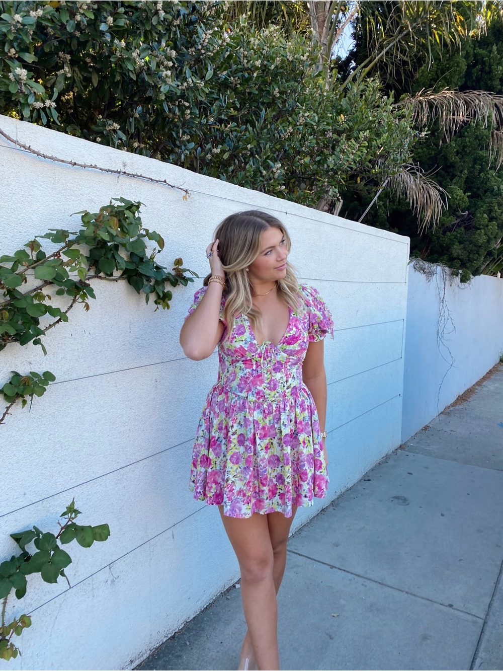 For love and lemons. Floral Pink Tie-Front Mini Dress